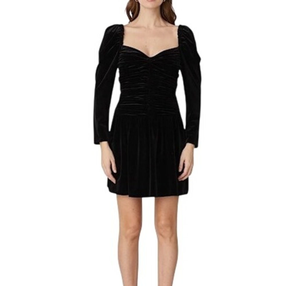 Shoshanna Womens Mari Ruched Velvet Long Sleeve Mini Dress Jet Black 6 NEW